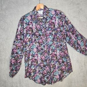 JMJ 100% Silk Women's Button Up  Floral Shirt Long Sleeves Size XL